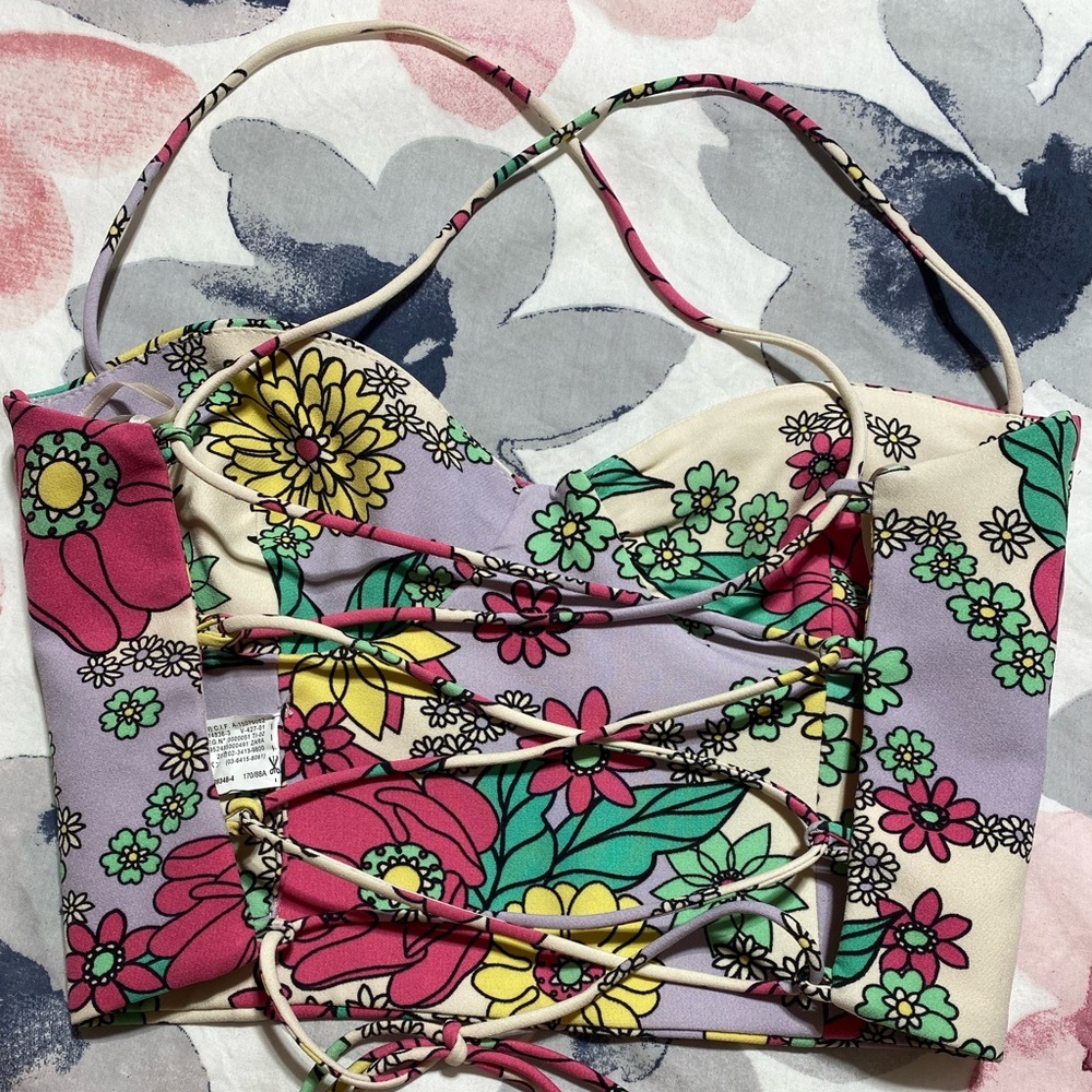 Zara Floral Sleeveless Spaghetti Strap Crop Tank Top Size Medium - Picture 10 of 12